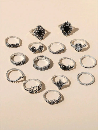 Grunge Punk 15pcs/set Bohemian Vintage Lotus Flower Rings