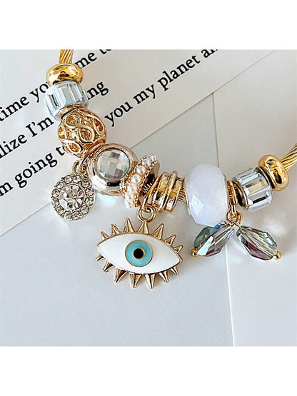 Glamorous Evil Eye Charm Beaded Bracelet: Titanium Steel Alloy with Rhinestone Accents