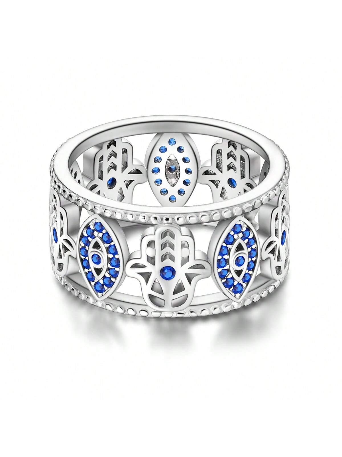 Hamsa Hand & Evil Eye Design Amulet Wide Ring