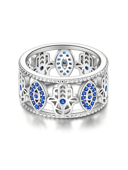 Hamsa Hand & Evil Eye Design Amulet Wide Ring