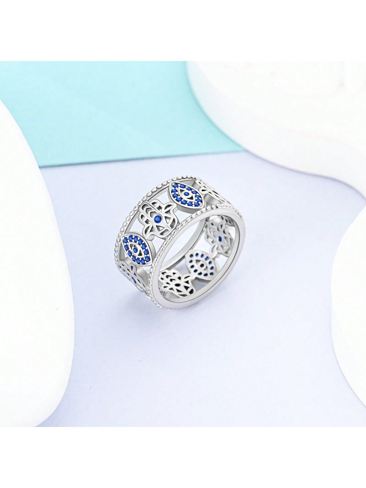 Hamsa Hand & Evil Eye Design Amulet Wide Ring