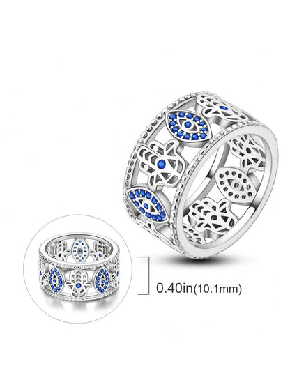 Hamsa Hand & Evil Eye Design Amulet Wide Ring