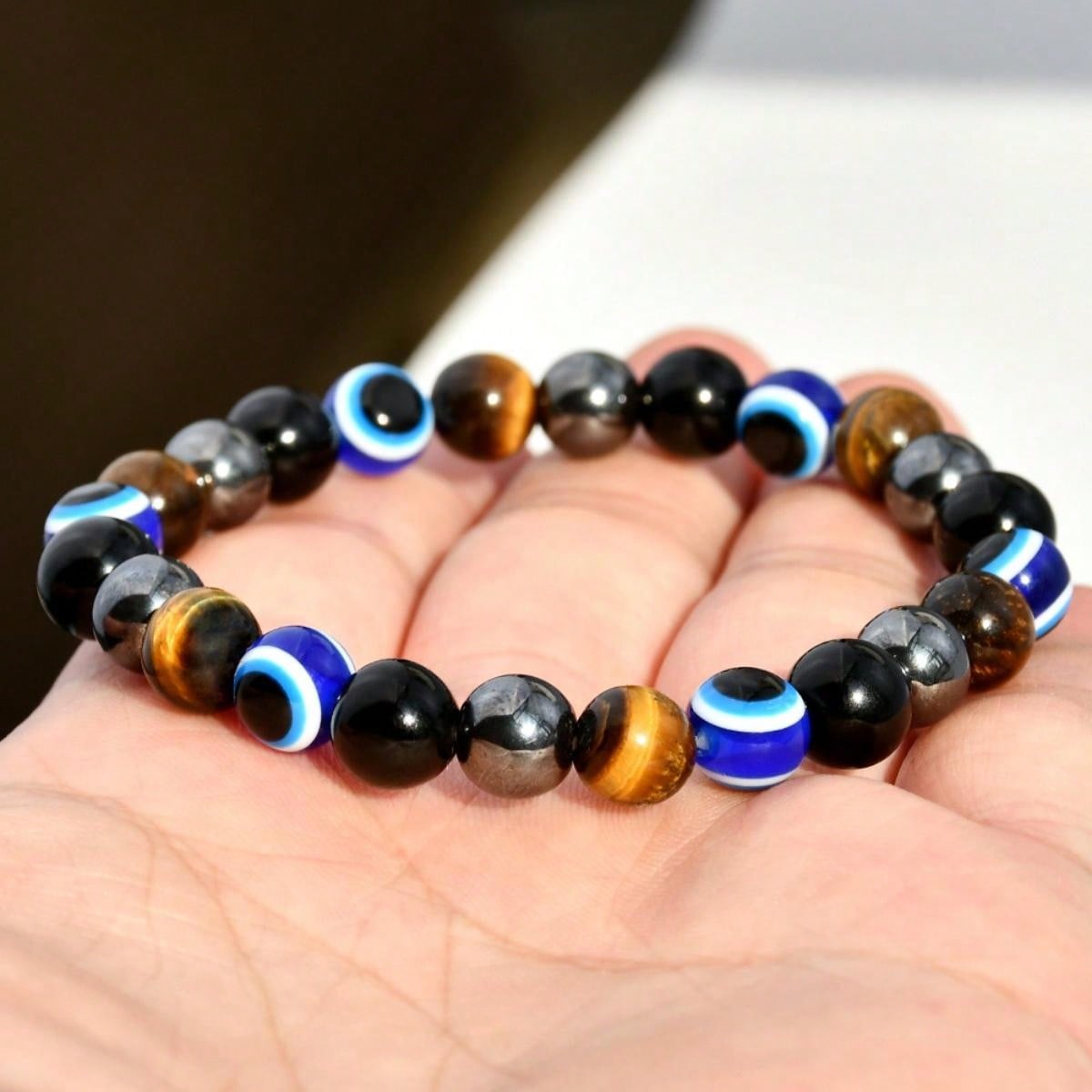 Tiger Eye Stone Evil Eye Beaded Bracelet