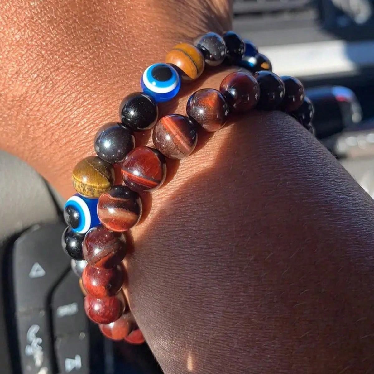 Tiger Eye Stone Evil Eye Beaded Bracelet