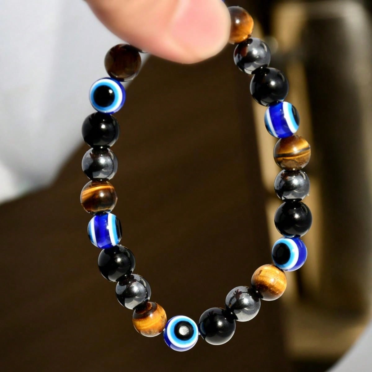 Tiger Eye Stone Evil Eye Beaded Bracelet