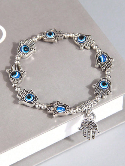 Stylish & Simple Hamsa Palm Charm & Evil Eye Beaded Bracelet