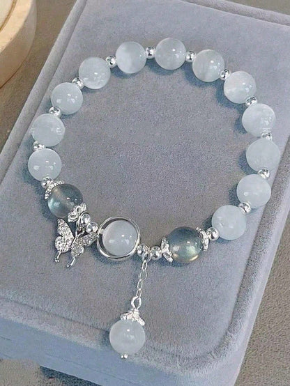 Celestial Harmony Bracelet: Natural Crystal Beads with Butterfly & Cat's Eye Stone