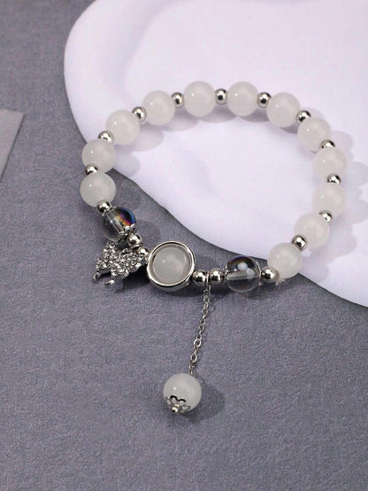 Celestial Harmony Bracelet: Natural Crystal Beads with Butterfly & Cat's Eye Stone