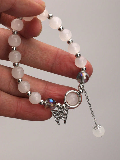 Celestial Harmony Bracelet: Natural Crystal Beads with Butterfly & Cat's Eye Stone