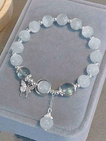 Celestial Harmony Bracelet: Natural Crystal Beads with Butterfly & Cat's Eye Stone