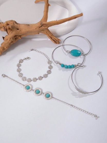 5pcs Turquoise & Rice Bead Bracelets Set