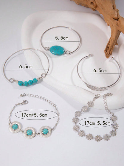 5pcs Turquoise & Rice Bead Bracelets Set