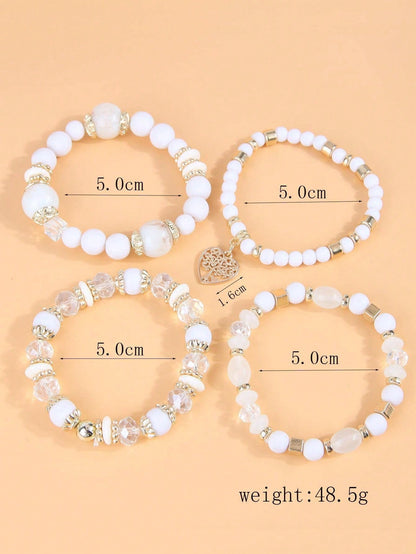 4pcs Simple Beaded Love Heart Pendant Multilayered Bracelet For Women