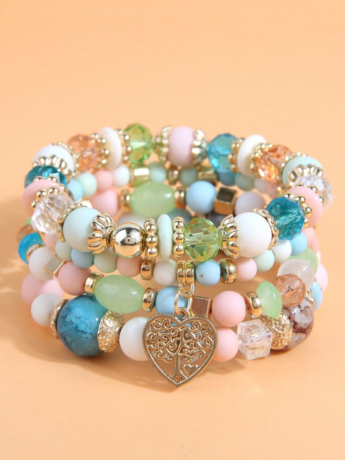 4pcs Simple Beaded Love Heart Pendant Multilayered Bracelet For Women