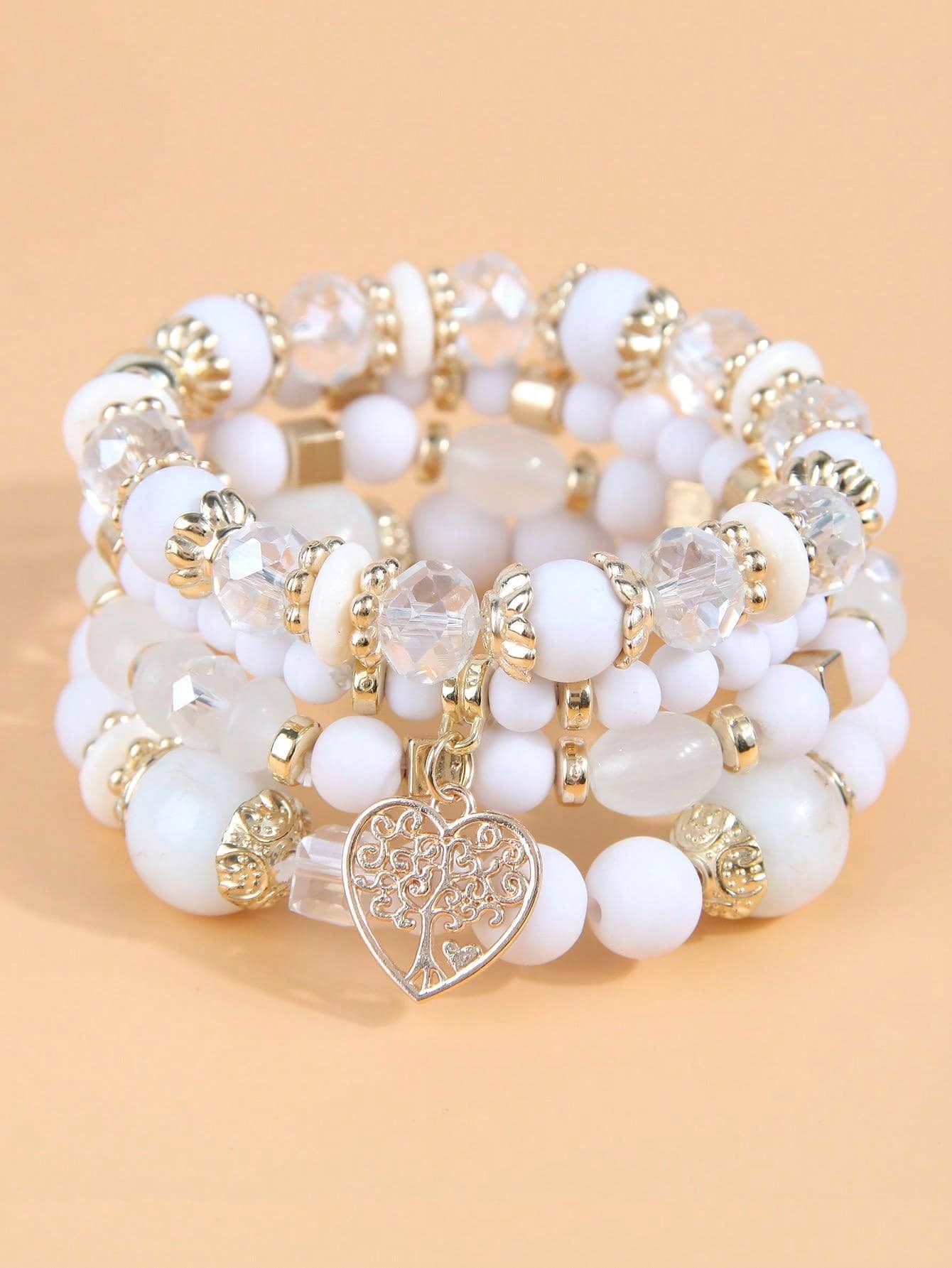 4pcs Simple Beaded Love Heart Pendant Multilayered Bracelet For Women