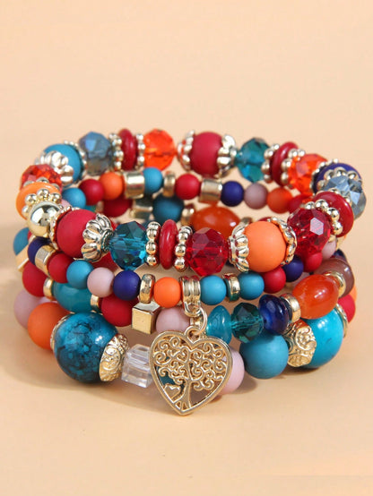 4pcs Simple Beaded Love Heart Pendant Multilayered Bracelet For Women