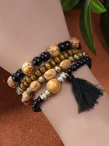 4pcs/Set Bohemian Style Tassel Life Tree Pendants Multilayered Beaded Bracelet