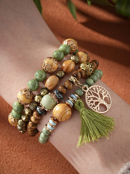 4pcs/Set Bohemian Style Tassel Life Tree Pendants Multilayered Beaded Bracelet