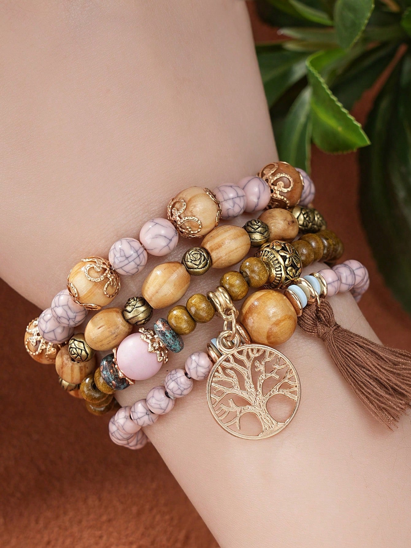 4pcs/Set Bohemian Style Tassel Life Tree Pendants Multilayered Beaded Bracelet