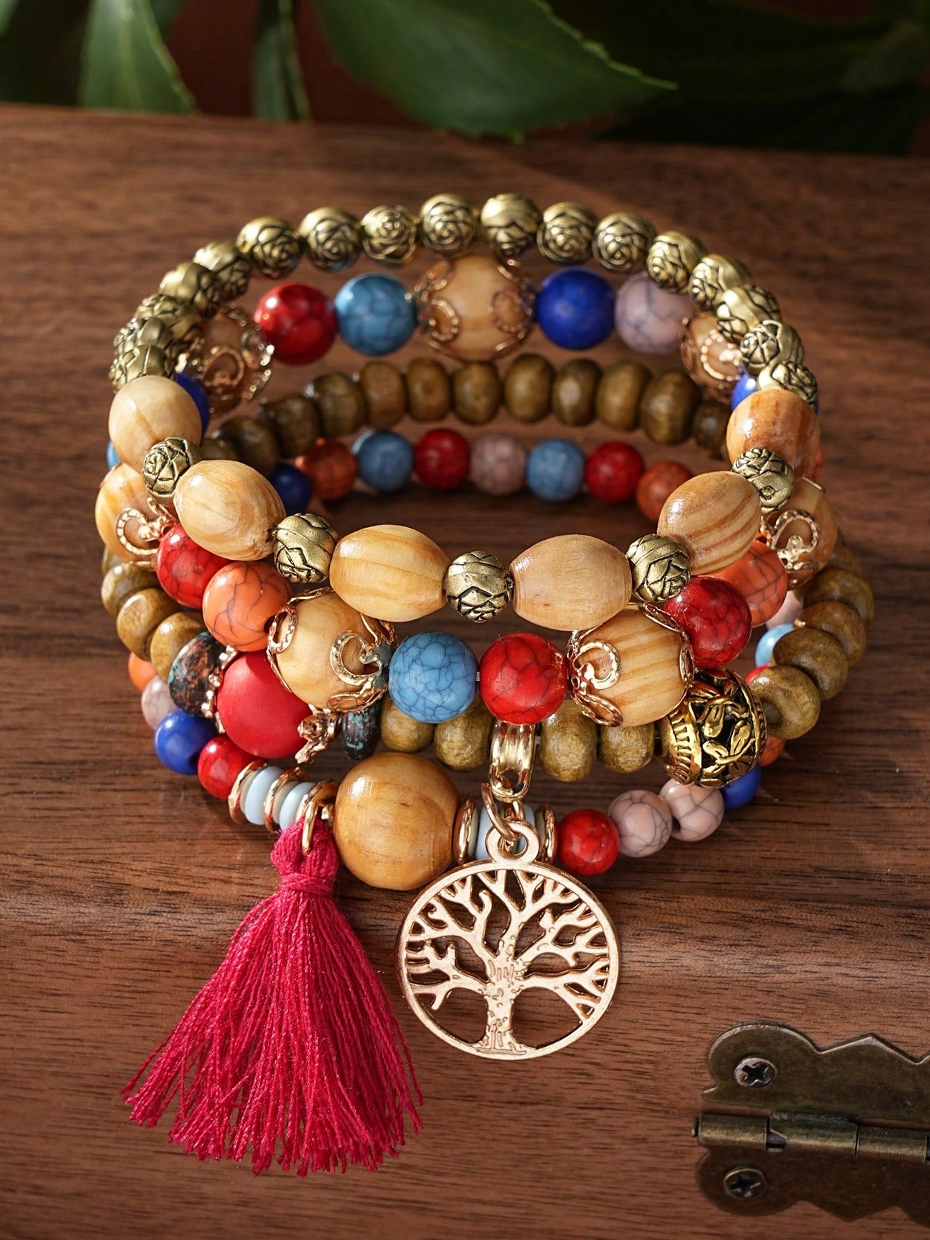 4pcs/Set Bohemian Style Tassel Life Tree Pendants Multilayered Beaded Bracelet