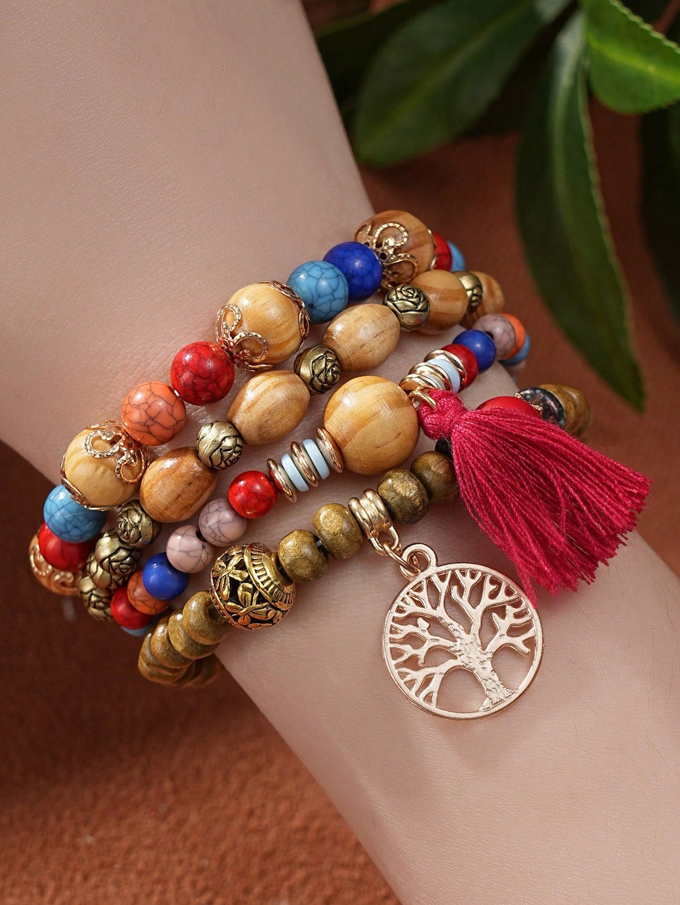 4pcs/Set Bohemian Style Tassel Life Tree Pendants Multilayered Beaded Bracelet