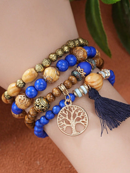 4pcs/Set Bohemian Style Tassel Life Tree Pendants Multilayered Beaded Bracelet