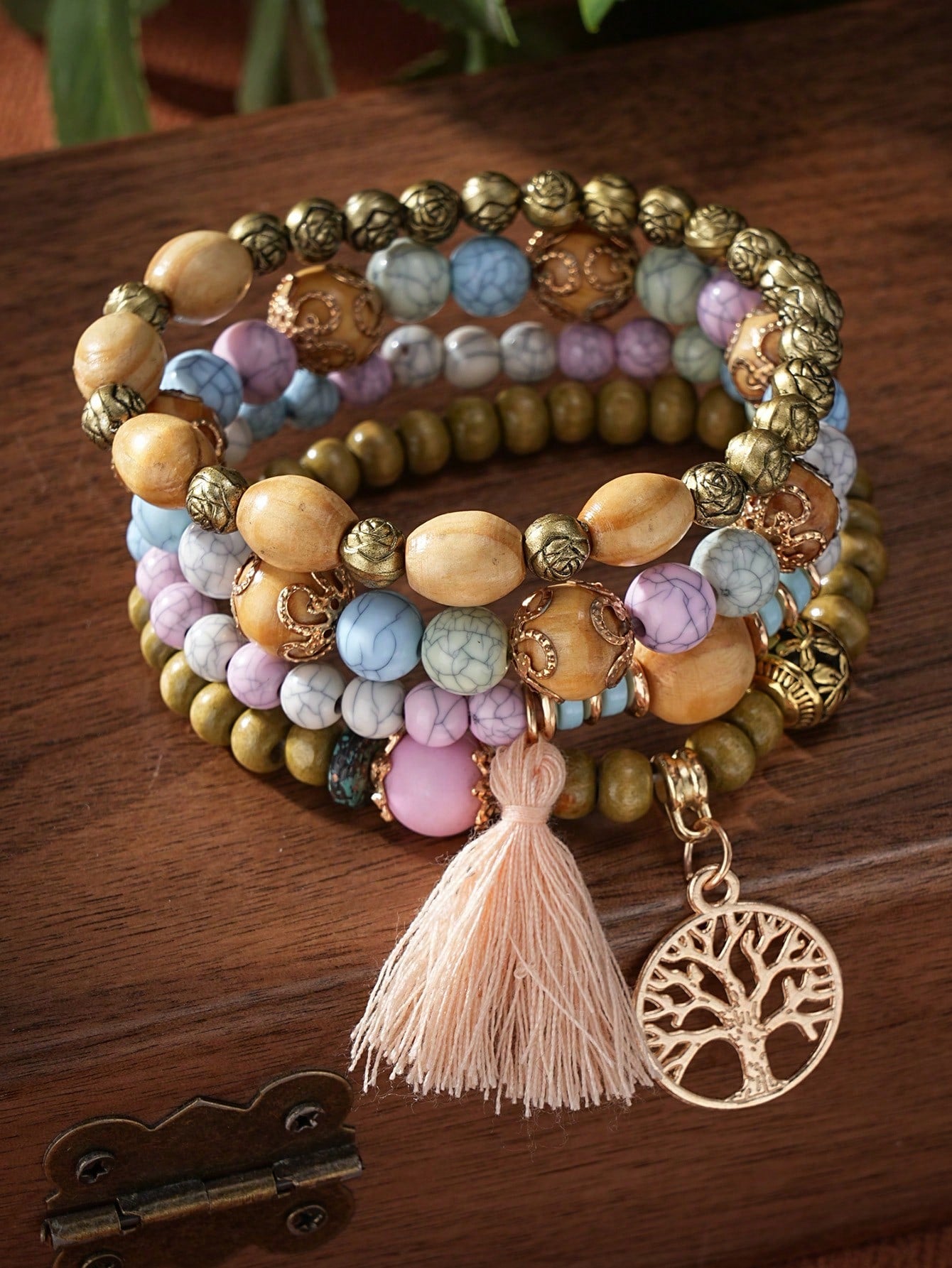 4pcs/Set Bohemian Style Tassel Life Tree Pendants Multilayered Beaded Bracelet