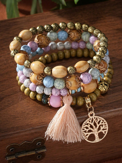 4pcs/Set Bohemian Style Tassel Life Tree Pendants Multilayered Beaded Bracelet