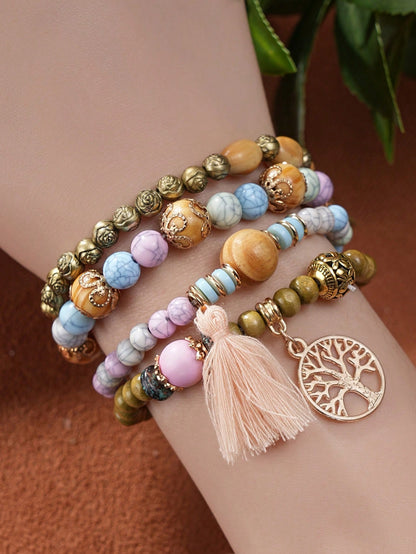 4pcs/Set Bohemian Style Tassel Life Tree Pendants Multilayered Beaded Bracelet