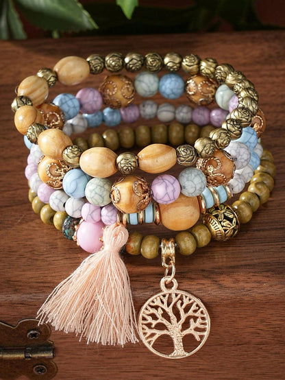 4pcs/Set Bohemian Style Tassel Life Tree Pendants Multilayered Beaded Bracelet