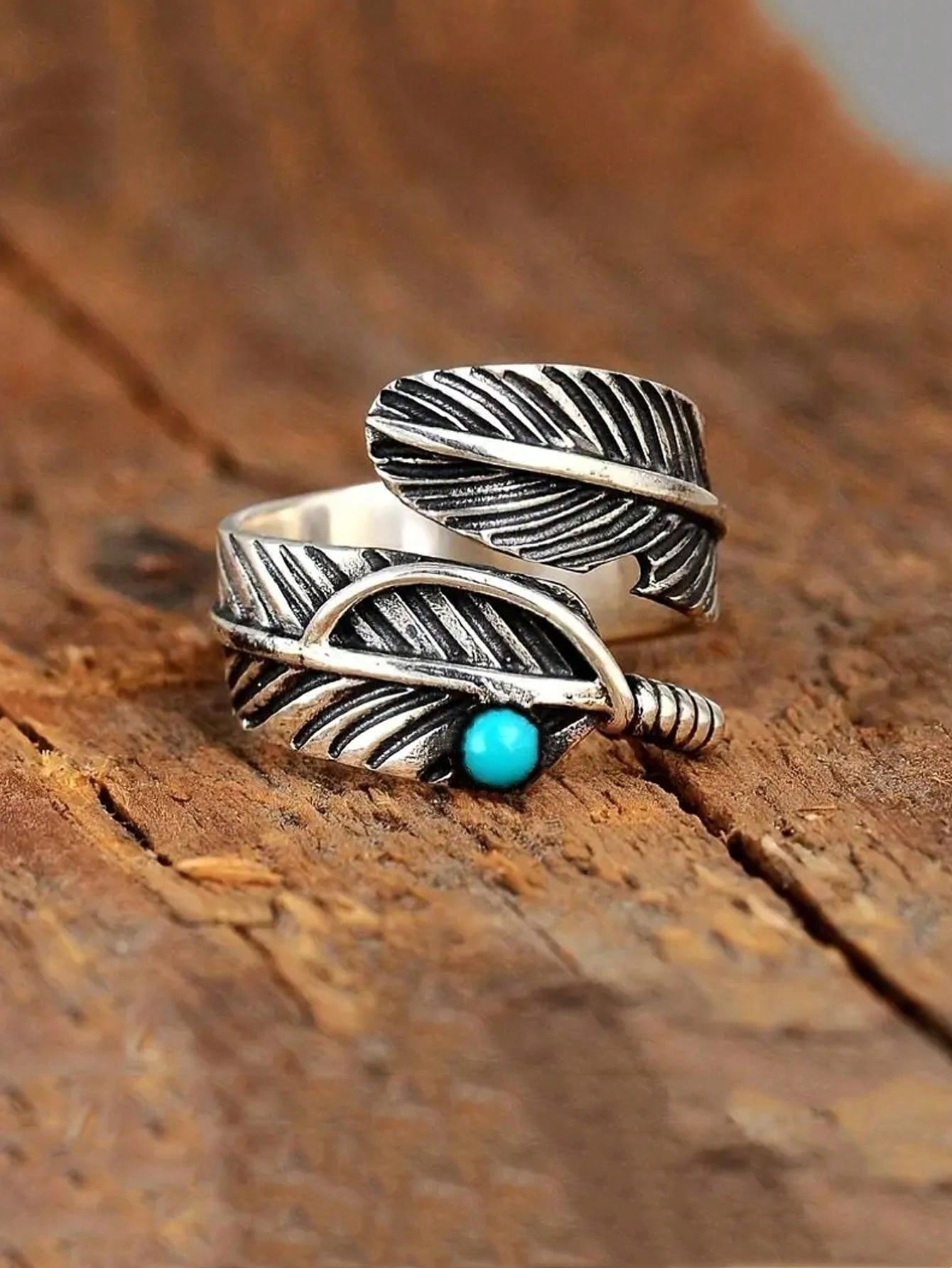 Vintage Feather Turquoise Open Ring