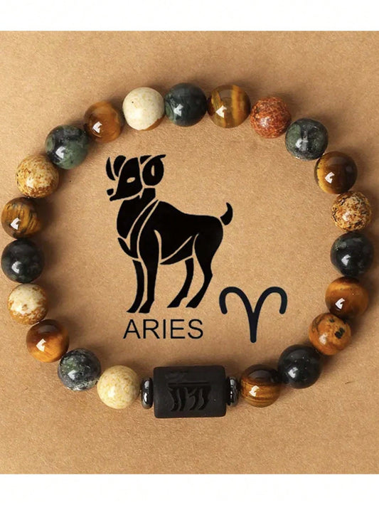 1pc Natural Tiger's Eye & Obsidian Beaded Zodiac Bracelet For 12 Horoscopes