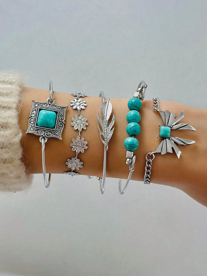 5pcs Turquoise & Rice Bead Bracelets Set