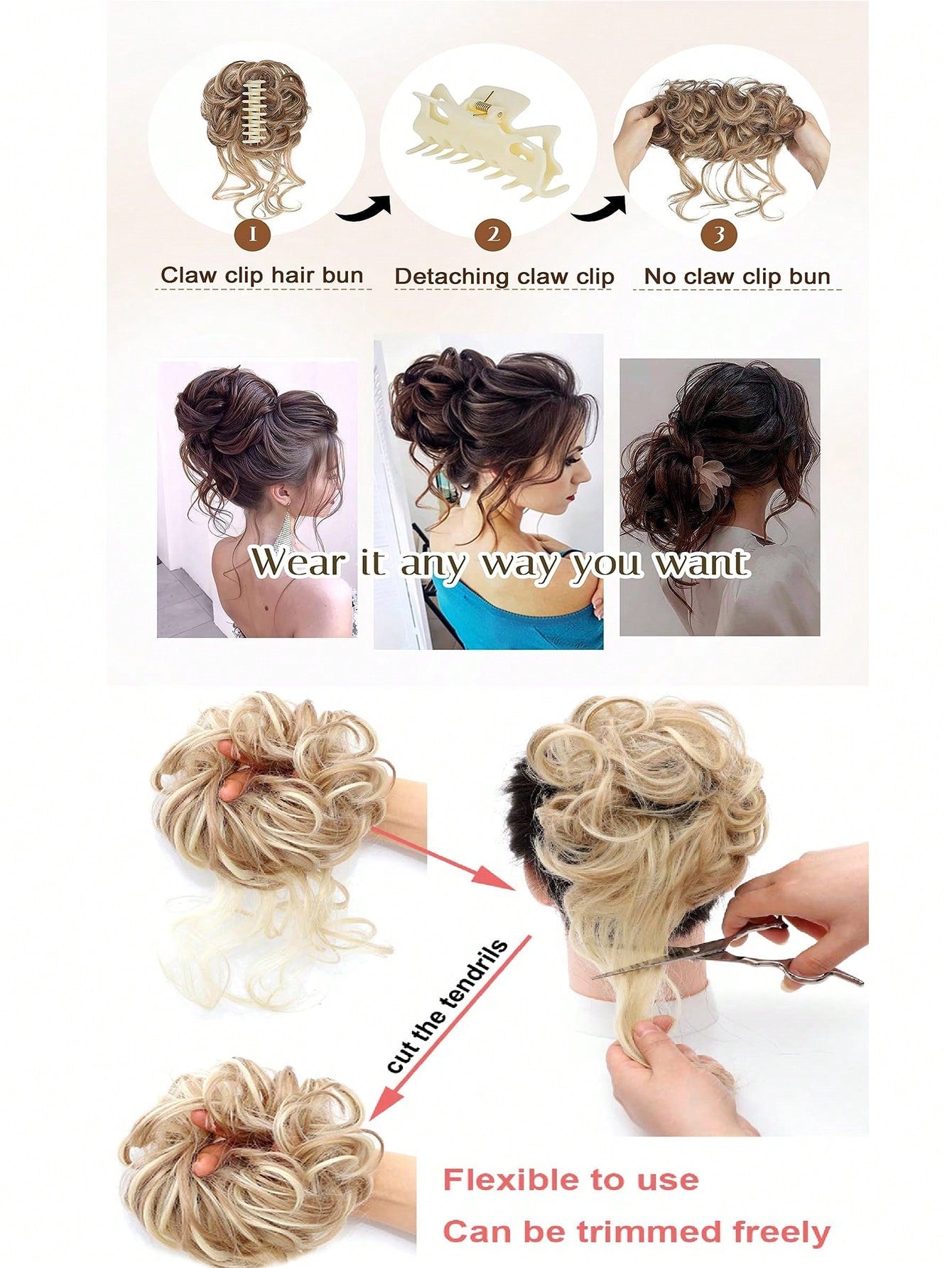 Synthetic Heat Resistant Fiber Curly Wavy Hair Bun Chignon Claw Clip