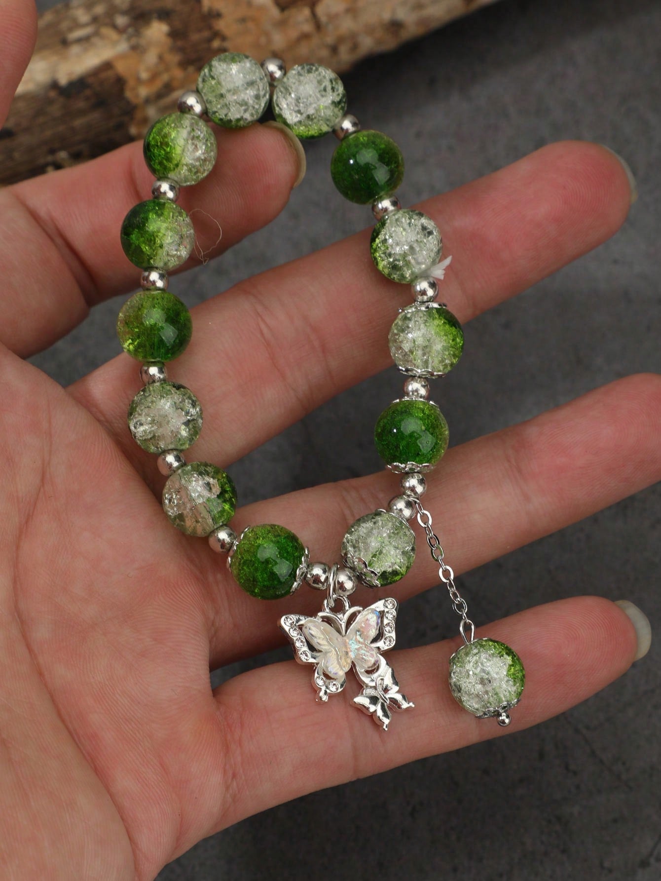 Celestial Harmony Bracelet: Natural Crystal Beads with Butterfly & Cat's Eye Stone