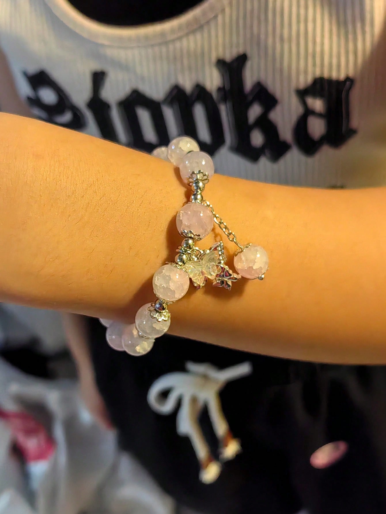 Celestial Harmony Bracelet: Natural Crystal Beads with Butterfly & Cat's Eye Stone