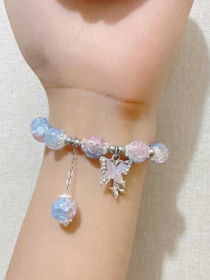 Celestial Harmony Bracelet: Natural Crystal Beads with Butterfly & Cat's Eye Stone