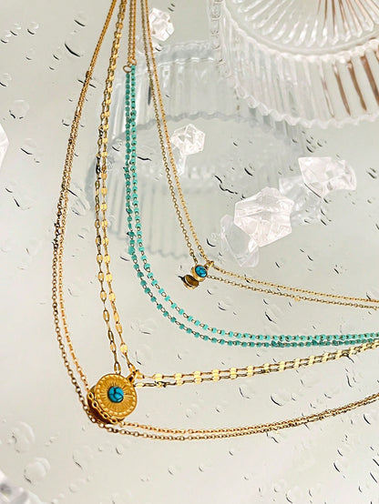 Enchanting Layers Turquoise & Eye Decor Stainless Steel Necklace