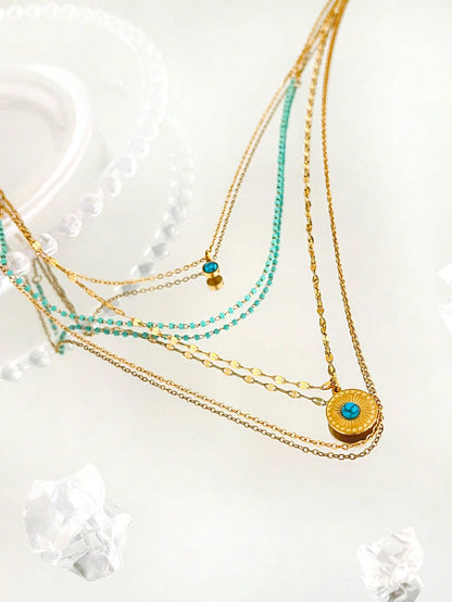 Enchanting Layers Turquoise & Eye Decor Stainless Steel Necklace