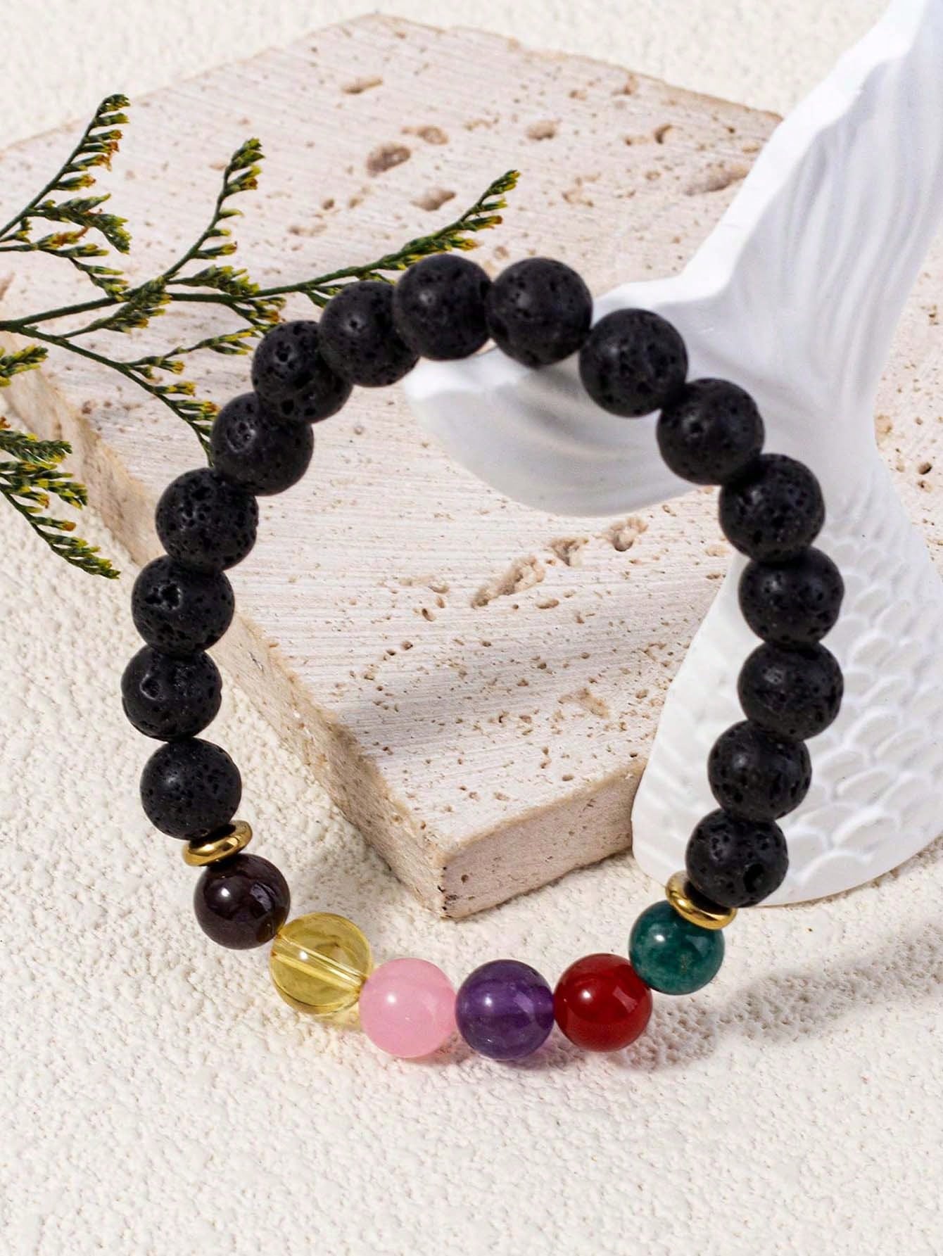 Boho Handmade Natural Lava & Agate Chakra Bracelet