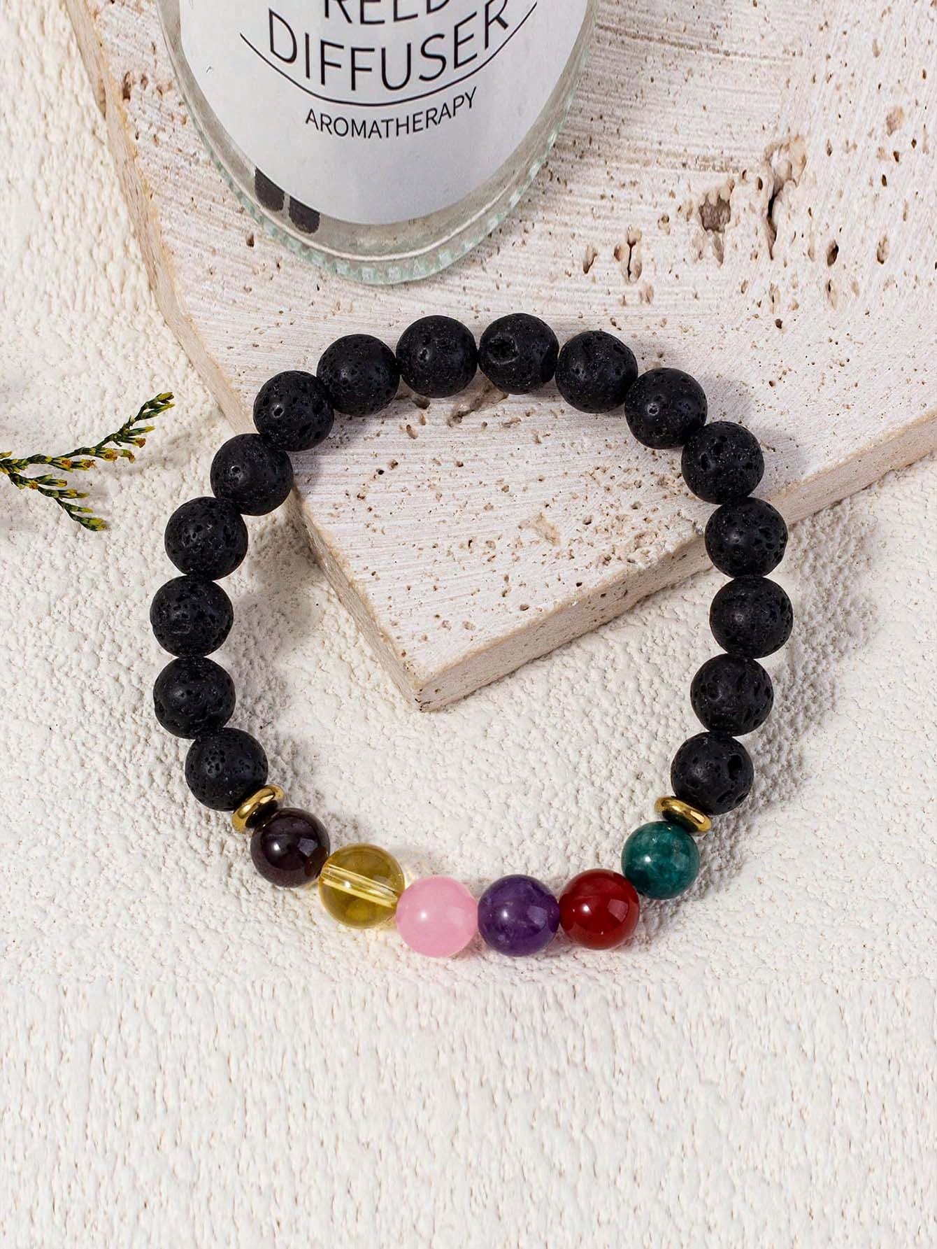 Boho Handmade Natural Lava & Agate Chakra Bracelet