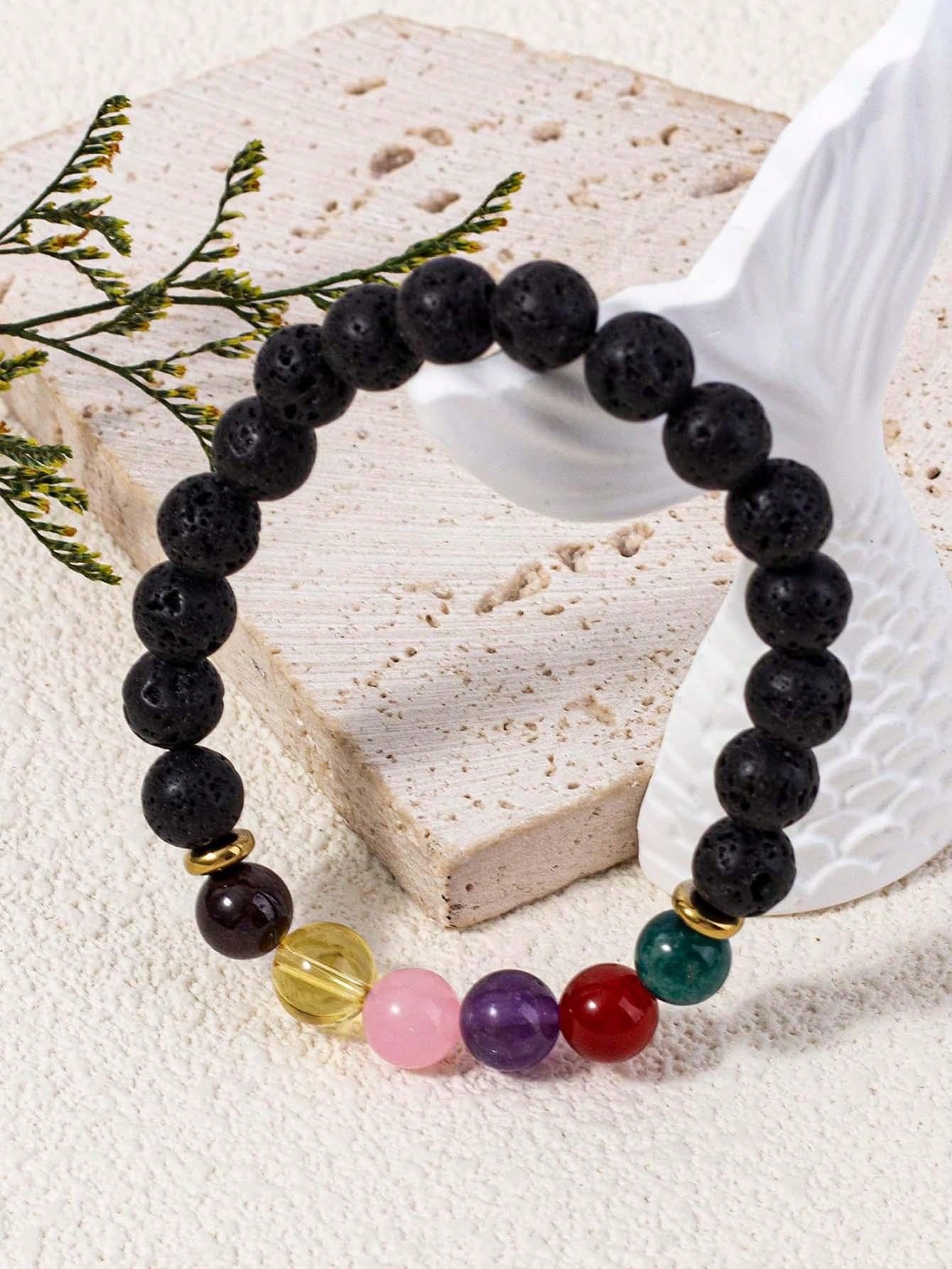 Boho Handmade Natural Lava & Agate Chakra Bracelet