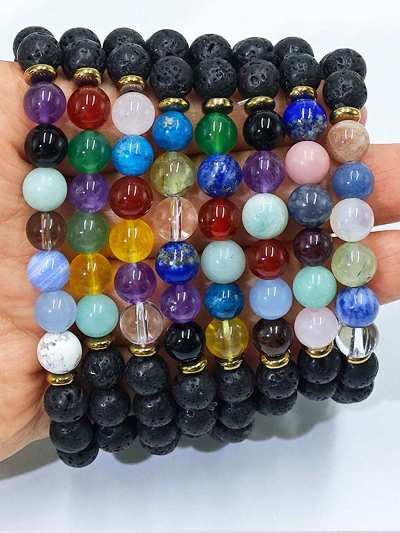 Boho Handmade Natural Lava & Agate Chakra Bracelet