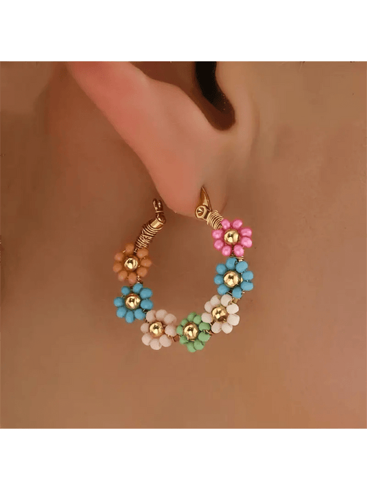 Bohemian Style Stainless Steel Beaded Flower Decor Hoop Earrings