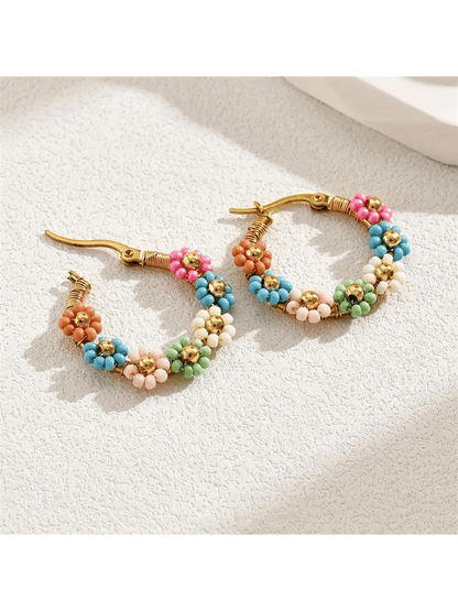 Bohemian Style Stainless Steel Beaded Flower Decor Hoop Earrings