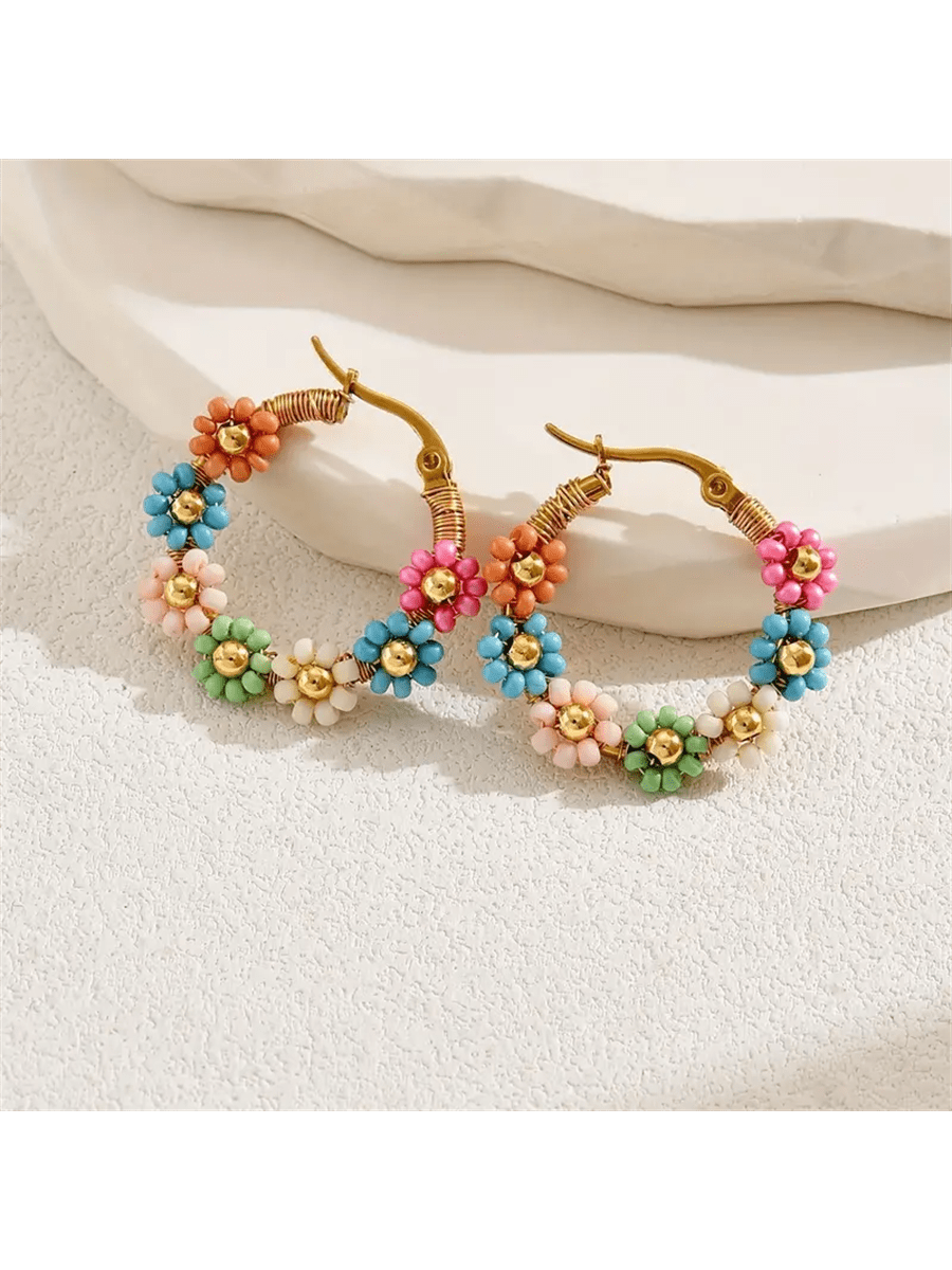 Bohemian Style Stainless Steel Beaded Flower Decor Hoop Earrings