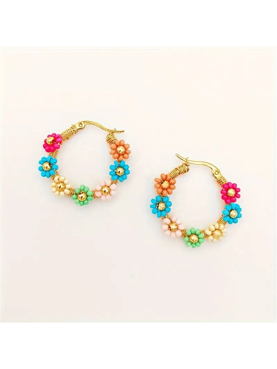 Bohemian Style Stainless Steel Beaded Flower Decor Hoop Earrings