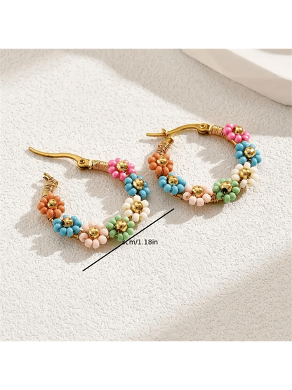 Bohemian Style Stainless Steel Beaded Flower Decor Hoop Earrings