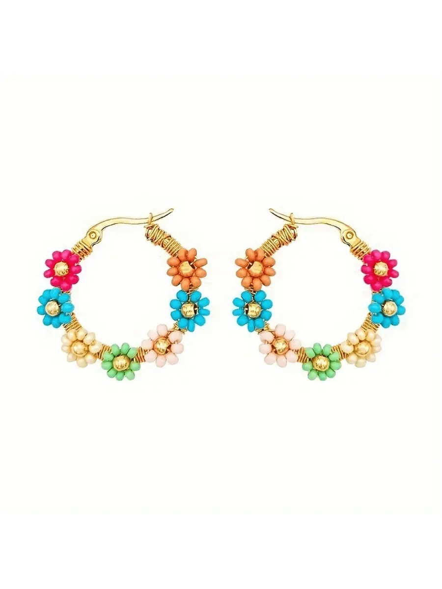 Bohemian Style Stainless Steel Beaded Flower Decor Hoop Earrings