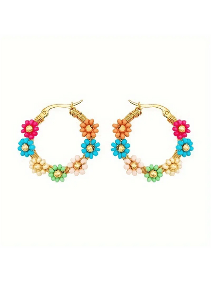 Bohemian Style Stainless Steel Beaded Flower Decor Hoop Earrings